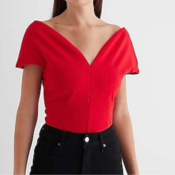 Express Tops - Express Red Off-Shoulder V-Neck Crop Top